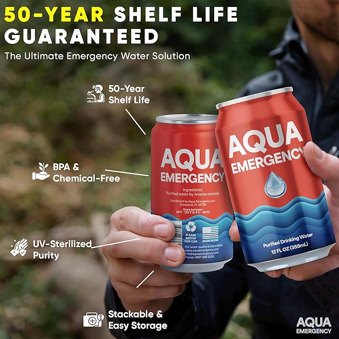 Aqua Emergency Drinking Canned Water- (24 Cans) 12 fl Oz (50 Years) Shelf Life for Everyday Hydration, Emergency, Survival Use-Purified via Reverse Osmosis | Plant-Based, BPA Free, Eco-Friendly Packaging, Made in USA-1 Case