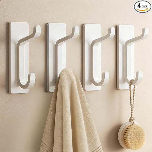 Self Adhesive Wall Hooks for Hanging: Extra Strong 13 LB, Hook for Coat, Towel in Bathrooms, Shower, Kitchen, Wall, Door Hook, White 4 Pack