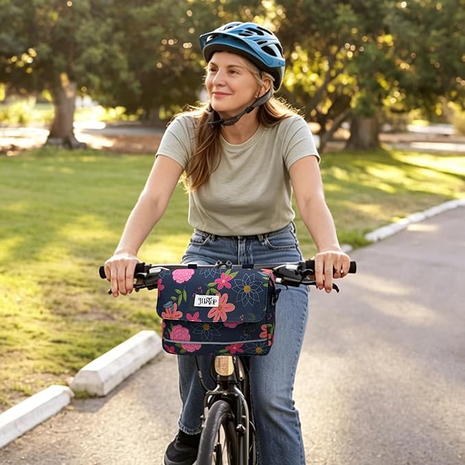 Bike Handlebar Bag, 2.9L Waterproof Bicycle Front Basket Bag with Reflective Strip, Convertible Shoulder Bag for Women, Floral Bike Pouch for Cycling Commuting Outdoor (Blue Floral)