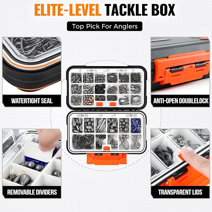 PLUSINNO 264/397pcs Fishing Accessories Kit, Organized Fishing Tackle Box with Tackle Included, Fishing Hooks, Fishing Weights Sinkers, Swivels, Beads, Fishing Gear Set Equipment for Bass Trout