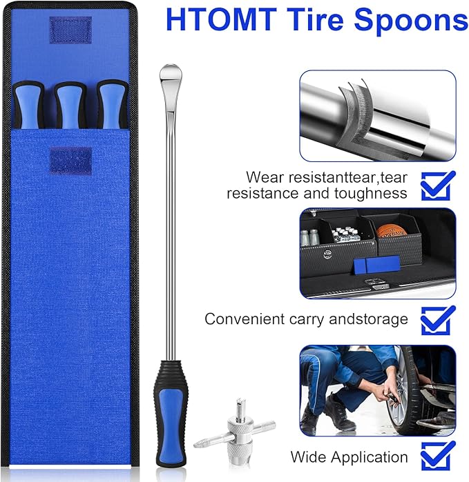 HTOMT 14.5" Tire Spoon Kit, 26pcs Tire Changing Tool for Motorcycle Dirt Bike Lawn Tractor Bicycle, Motorcycle Tire Changer Tire Removal Tool with 3pcs Rim Covers 6pcs Valve Tool Valve Cores (Blue)