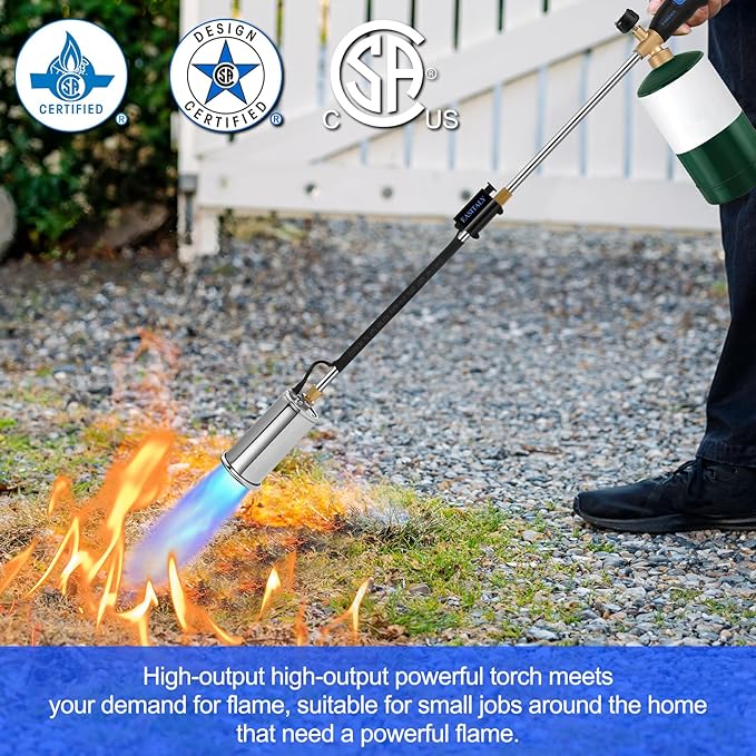 Weed Torch Propane Burner, 32" Blow Torch Flame Thrower, Weed Burner with Self Igniting and Anti-slip Rubber Handle for Weeding, Charcoal Starter, Ice Melting(Fuel Not Included)