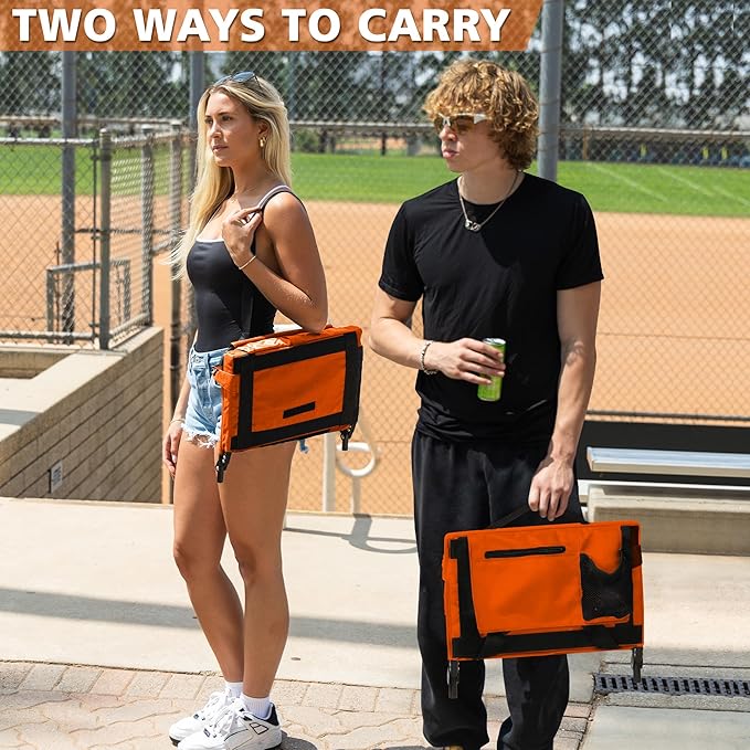 Stadium Seats for Bleachers with Back Support Bleacher Seat Soft Cushion Light Weight Includes Shoulder Strap & Cup Holder, Front & Back Zipper Pocket, Suitable for Sports Events,Orange