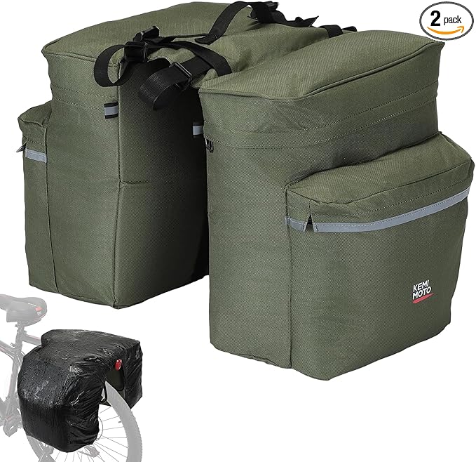 KEMIMOTO Bike Bag Panniers with Rain Cover, 34L Waterproof Bicycle Saddle Bag for Rear Rack Mountain Biking Bags Storage, Ebike Accessories for Commuter Grocery Shopping Travel Carrier, Green