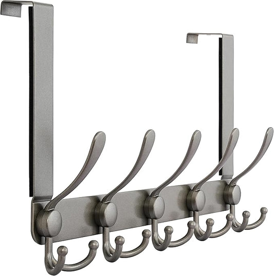 Dseap Over The Door Hook Hanger - Fits 1 3/8" to 1 3/4" Standard Doors | 5 Tri Hooks Heavy Duty Towel/Coat Rack | Door Organizer for Clothes, Jackets, Hats, Towels, Grey