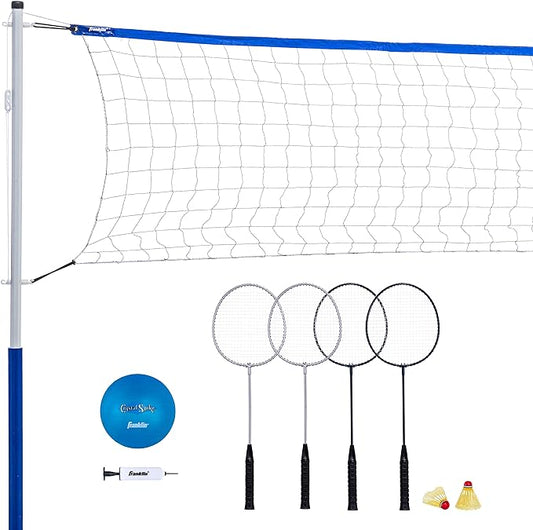 Franklin Sports バレーボール+バドミントンセット - ビーチ+裏庭ゲームセット - バレーボール、ポンプ、バドミントンラケット、シャトル、ネット+ポール付属