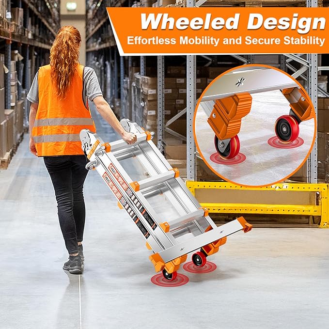 Telescoping A-Frame Ladder- 11FT Folding Extension Ladder with Wheels & Stabilizer Bar, 330lb Security Load Multi Position Ladders for Stairs Home Indoor Outdoor Roof