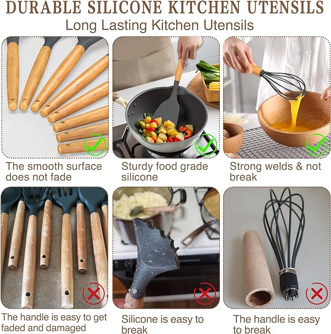 Umite Chef キッチン調理器具33点セット、ノンスティックシリコンヘラセット、ホルダー付き、木製ハンドル、耐熱調理器具（グレー）