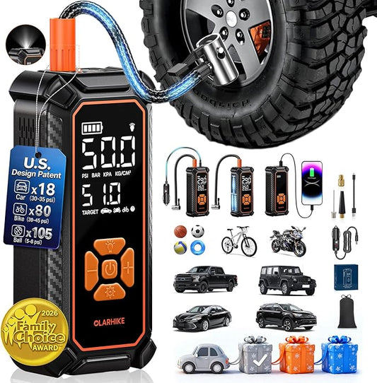 OlarHike Tire Inflator Portable Air Compressor, Dual Power - 6000mAh & 12V DC, Cordless Air Pump for Car Tires, Bikes, Motorcycle, Balls with LED & Digital Pressure Gauge, Auto Shut-off