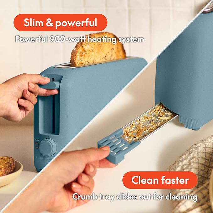 bella 2スライス スリムトースター、どんな場所にもフィット™ キッチン用品、再加熱・キャンセルボタン付き6段階焼き色調節機能、サワードウも焼ける10インチロングスロット、パン詰まり防止・自動電源オフ機能、900W、サーフ