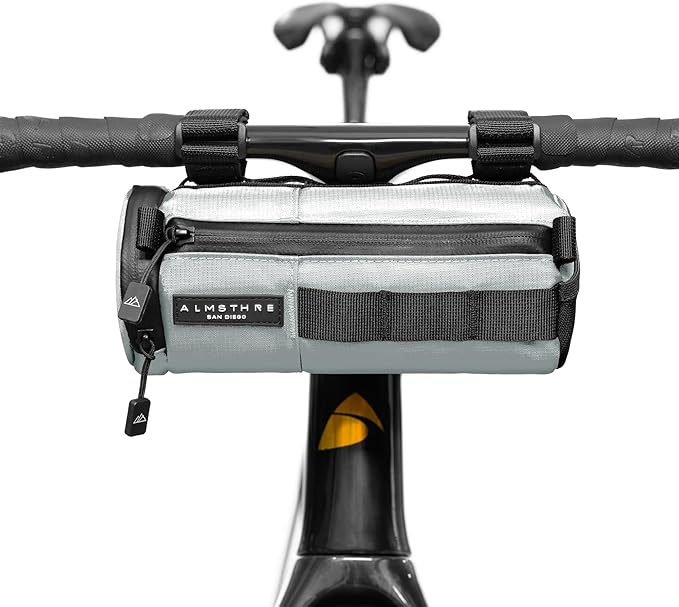 ALMSTHRE Compact Bar Bag – Sterling Silver | Hard-Shell Bike Handlebar Bag with Waterproof Zipper & Adjustable Straps | Lightweight Bicycle Handlebar Bag, Compatible with Road, Gravel & MTB Bikes