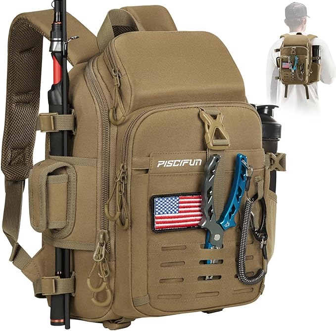Piscifun Fishing Tackle Backpack with Rod & Gear Holder, Lightweight Fishing Tackle Storage Bag with Protective Rain Cover