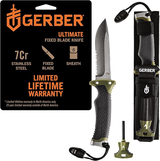 Gerber Gear アルティメット サバイバルナイフ、コンボエッジ固定刃ナイフ、ファイヤースターターエッジとフェロッド、ホイッスル、シャープナー内蔵シース付き - ブッシュクラフト、ハンティング、キャンプツール