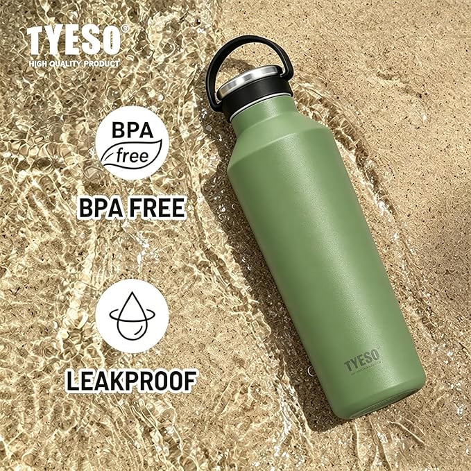 TYESO Stainless Steel Vacuum Insulated Water Bottle, Insulated Water Bottle with Soft Silicone Carry Handle (GREEN, 17 OZ)