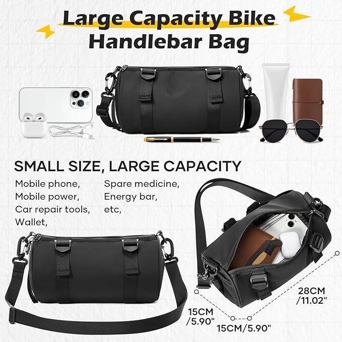 SEAFEW 6L Large Black Bike Handlebar Bag, Waterproof Rain Cover Front Bike Bag for Bicycles, Mountain Road Bike Fram Storage Barrel Bag with Water-resistant Zippers, Cycling Commuter Shoulder Bag