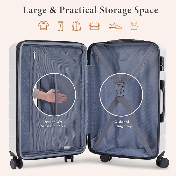 Sweetcrispy 3 PCS Luggage Set, Spinner Wheels Lightweight Expandable Travel Hard Shell Suitcase with TSA Lock, Cream White(20/24/28 inch)