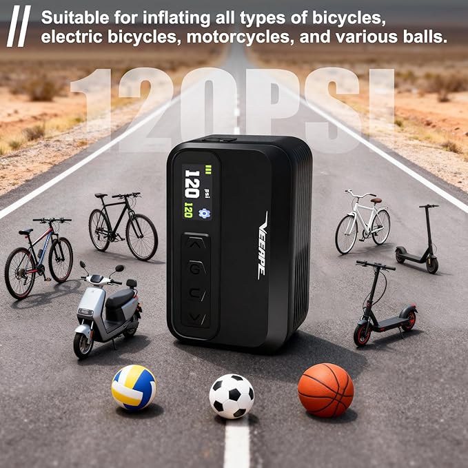 Tiny Pump Mini Bike Tire Pump - Max 120PSI Portable Electric Bicycle Pump with Fast Inflation Auto Stop - Bicycle Inflator with Presta and Schrader Valve for & Various Bicycles Balls E-Bikes
