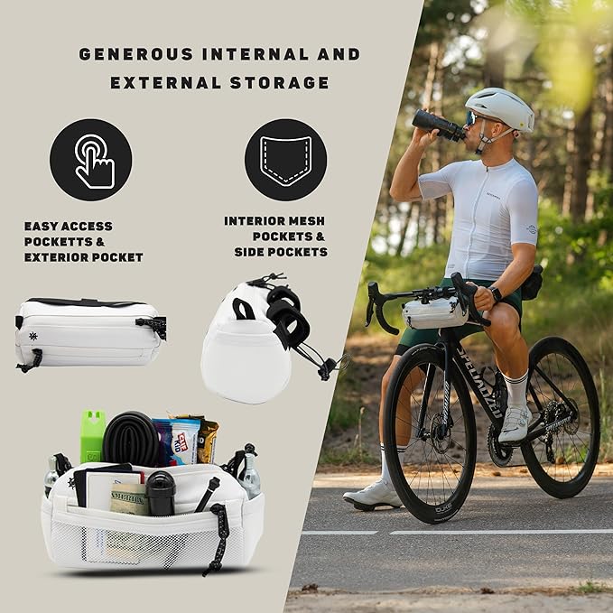 Lumiere & Co. Bike Handlebar Bag - Durable, Multiple Size and Color Options - Dual Elastic Straps, Clips & Hook-and-Loop for Customizable Fit (White, small)