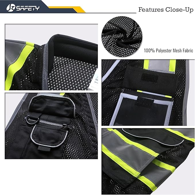 JKSafety 9 Pockets Hi-Vis Black Safety Vest for Men Women High Visibility Reflective Construction Mesh Fabric Cushioned Collar Work Utility PPE Work Gear ANSI/ISEA compliant (101-Black S)