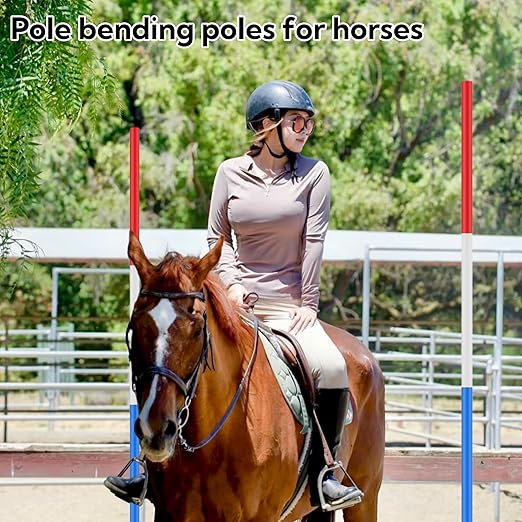 6 Pcs Pole Bending Poles for Horses with Bag, 6FT Horse Training Agility Poles Adjustable Training Equipment for Dog, Red White Blue with Metal Spring Ground Nail ﻿