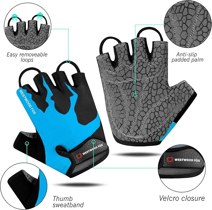 WESTWOOD FOX Cycling Gloves Half Finger Unisex Padded Grips Palm Bicycle Summer MTB Bike Gloves for Men Women Non-Slip Fingerless Short Mountain Bike Sports Hiking Climbing Gym
