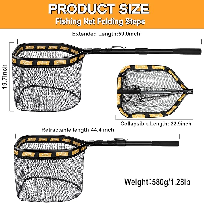 PLUSINNO Floating Fishing Net for Steelhead, Salmon, Fly, Kayak, Catfish, Bass, Trout Fishing, Rubber Coated Foldable Landing Net with Fixed or Telescoping Pole Handle, Fishing Gear and Gifts for Men