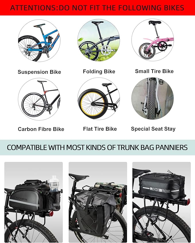 ROCKBROS Rear Bike Rack Bike Cargo Rack Adjustable Bicycle Luggage Carrier Rack Rear Quick Release Mountain Bike Pannier Rack with Elastic Band and Reflector, Most 165 lbs Capacity