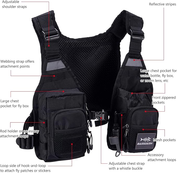 BASSDASH FV08 Ultra Lightweight Fly Fishing Vest for Men and Women Portable Chest Pack One Size Fits Most