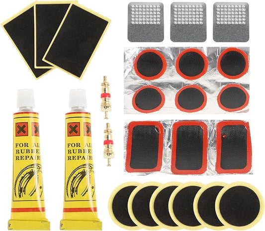 Multi-Function Bike Tire Patch Repair Kit with Cold Vulcanizing Glue Anti-wear Materials Tire Levers Valve Tool Compact Lightweight Bicycle Tube Patch for Outdoor Cycling