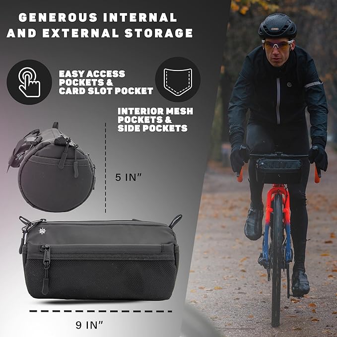 Lumiere & Co. Bike Handlebar Bag - Durable, Multiple-Size Options and Multi-Color Options -Dual Elastic Straps, Clips & Hook & Loop Attachments (Black, Large)