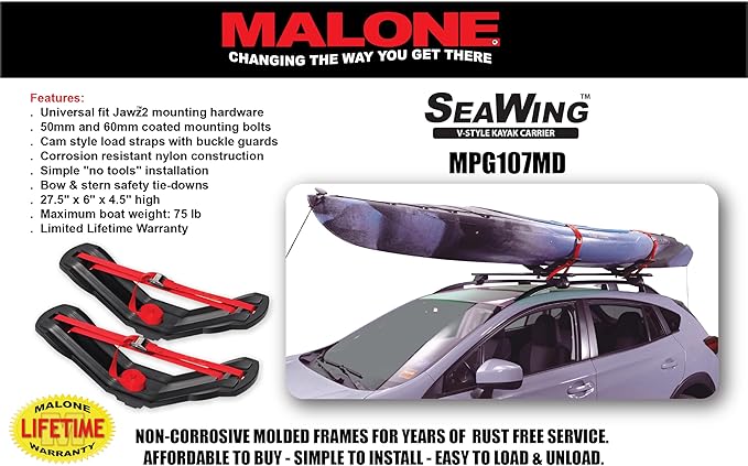 Malone SeaWing Saddle Style Universal Car Roof Rack Kayak Carrier with Bow & Stern Tie-Downs – 70 lb Capacity, V-Style Cradles, No-Tool Install, Jawz Mount, Corrosion-Resistant Nylon