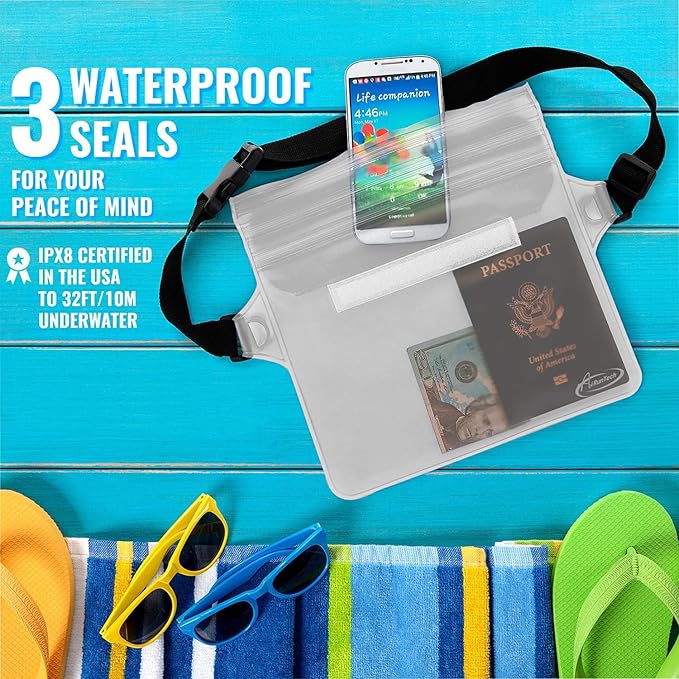 AiRunTech 防水ファニーパック、パスポート財布ポーチ用スマホ防水ケース、旅行・ビーチ・水泳・カヤック・ボート・クルーズ用品用フローティング防水バッグ