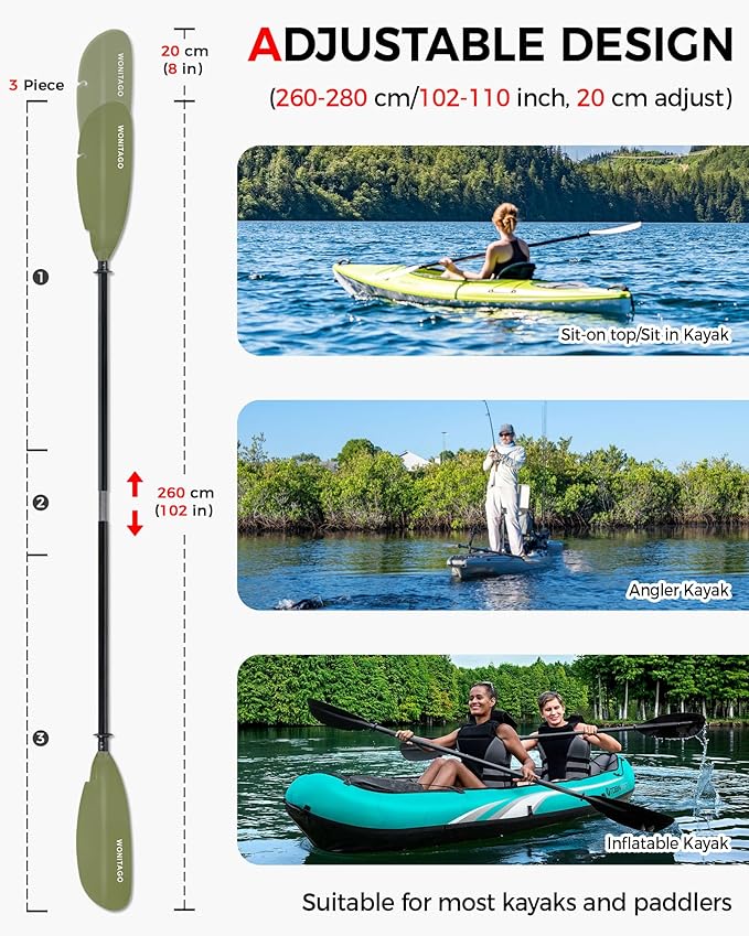 Angler Kayak Paddle with Fiberglass Shaft and Plastic Blade, Adjustable Fihsing Kayak Oar, 86-94" (220-240 cm), 94-102" (240-260 cm), 102-110" (260-280 cm)