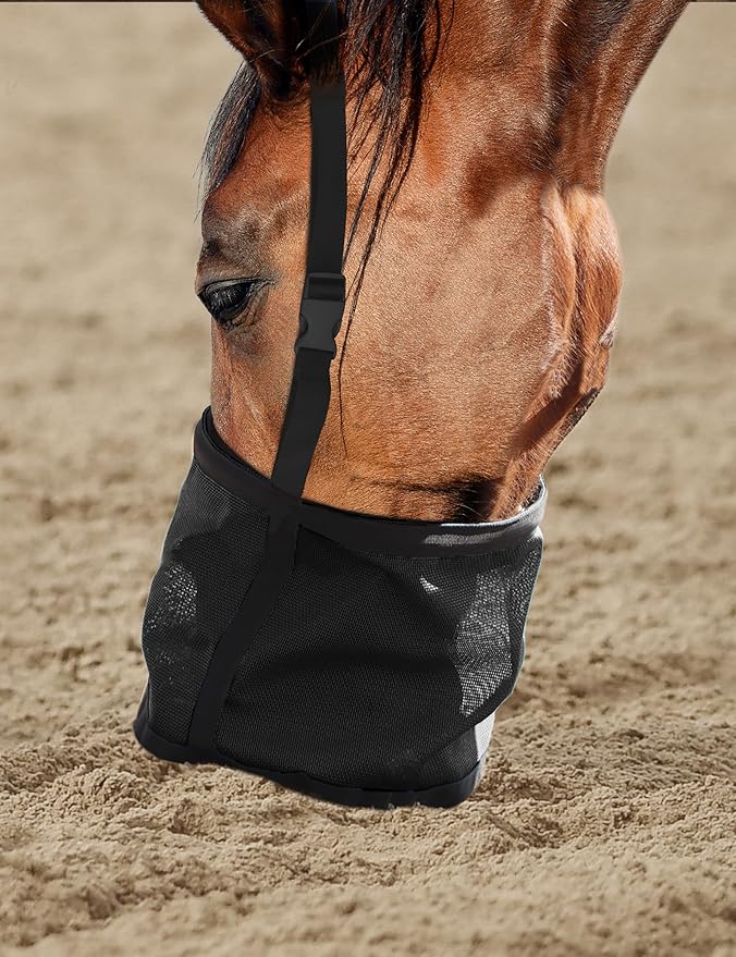 Harrison Howard Horse Muzzle Feed Bag Nylon Mesh Grain Feed Bag with Padded Neck Strap Adjustable Belt Black Large