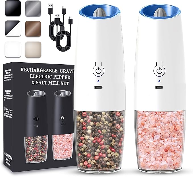 Rechargeable Electric Salt and Pepper Grinder set of 2, gravity electric salt and pepper grinder set, Adjustable Roughness, LED Light, 2 Pack, (White)