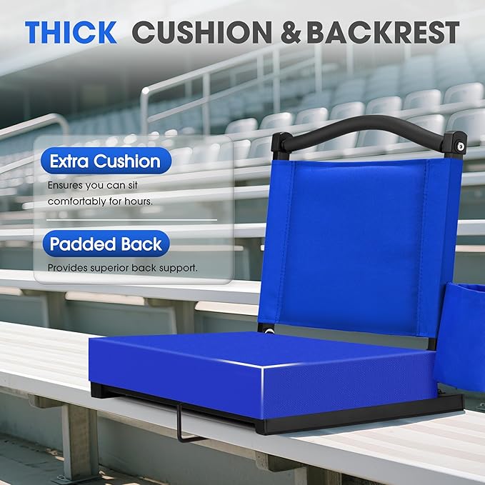 Fragess Bleacher seat, Stadium Seats with Back Support and Thick Cushion, Bleacher Chairs with Shoulder Strap and Side Pocket, Stadium Seat for Bleachers, Perfect for Sports Events(Blue)