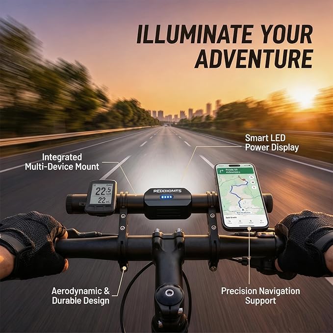 Redcomet Bike Handlebar Extender with Rechargeable Headlight, 800 Lumens USB Bike Light, 9.05" Aluminum Alloy Waterproof Bicycle Extension Bracket Accessories for Bicycle, E-Scooter