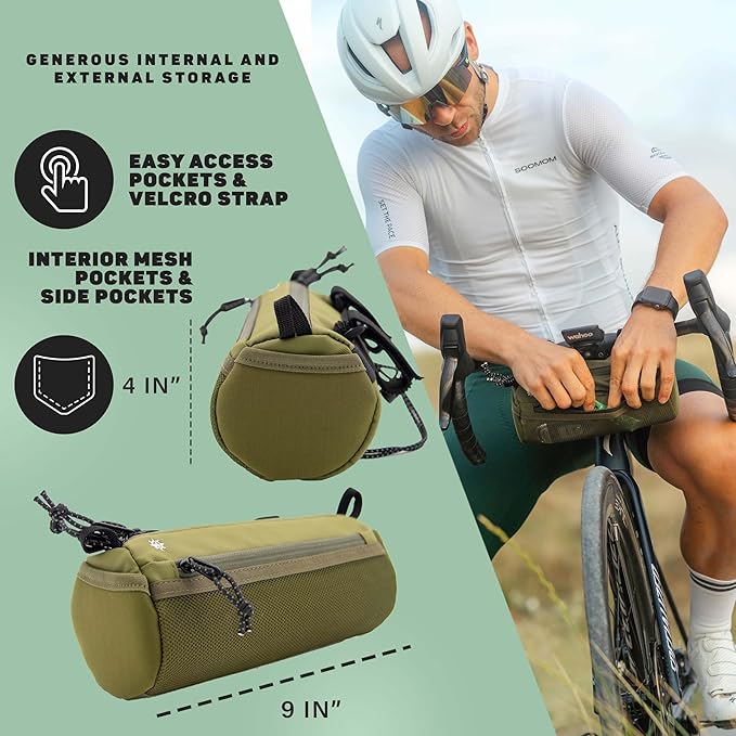 Lumiere & Co. Bike Handlebar Bag - Durable, Multiple Size and Color Options - Dual Elastic Straps, Clips & Hook-and-Loop for Customizable Fit (Green, Medium)