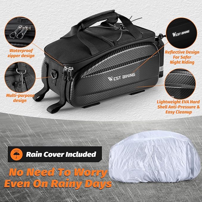 West Biking Waterproof Hard Shell Bike Rear Rack Bag 11L Capacity 600D Oxford Fabric & EVA Bicycle Trunk Pannier Bag for Commuting Touring Mountain Road E-Bike with Rain Cover (Black-2: 11Lcapacity)