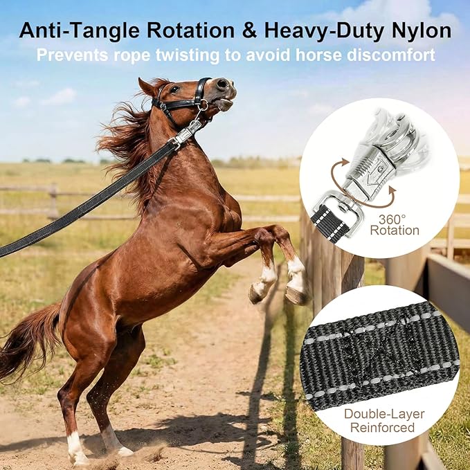 2-Pack Cross Ties for Horses (44"-78.7") - Adjustable Heavy Duty Reflective Equine Trailer Tether with Panic & Bull Snap, 360° Anti-Tangle Grooming Straps, Equestrian Barn Equipment (Black)