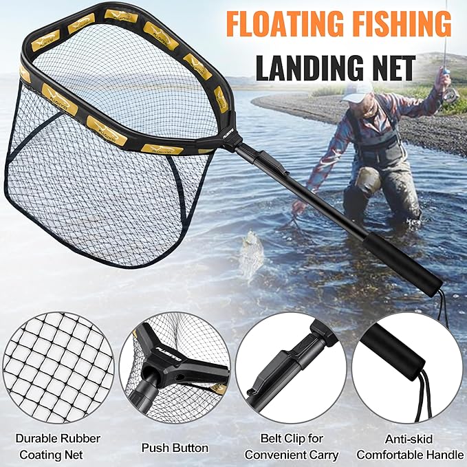 PLUSINNO Floating Fishing Net for Steelhead, Salmon, Fly, Kayak, Catfish, Bass, Trout Fishing, Rubber Coated Foldable Landing Net with Fixed or Telescoping Pole Handle, Fishing Gear and Gifts for Men