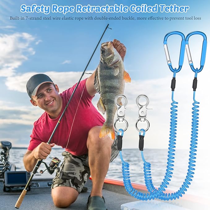 Woanger 6 Pack Fishing Lanyard Steel Wire Coiled Lanyard Tool Lanyards for Hand Tools Kayak Retractable Tool Leash Fishing Rod Safety Lanyards Gear with Alloy Clips for Pliers Boating