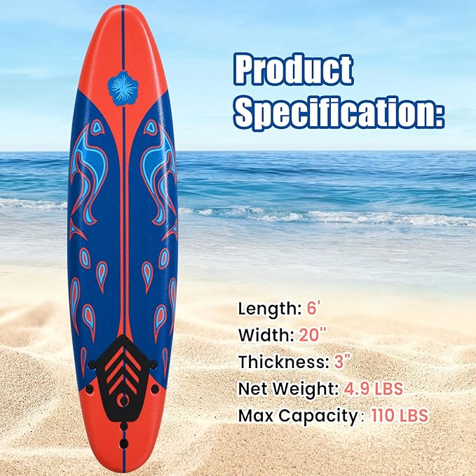 KOTEK 6' Surfboard, Surfing Board with 3 Removable Fins, Safety Leash, EPS Core & EPE Deck, Lightweight Surf Board for Teenagers, Adults, Beginners