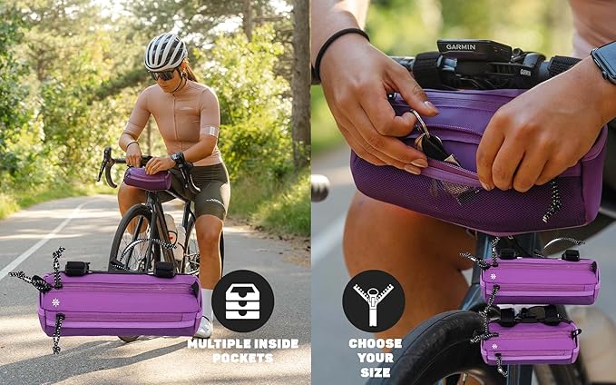 Lumiere & Co. Bike Handlebar Bag - Durable, Multiple Size and Color Options - Dual Elastic Straps, Clips & Hook-and-Loop for Customizable Fit (Purple, Medium)