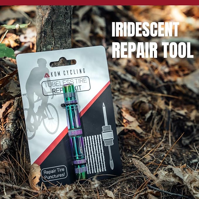 KOM Cycling Tubeless Tire Repair Kit for Bikes 8 Colors! Fixes Mountain Bike and Road Bicycle Tire Punctures – Includes Tire Repair Fork Reamer, 8 Bacon Strips. Tubeless Bike Repair Kit