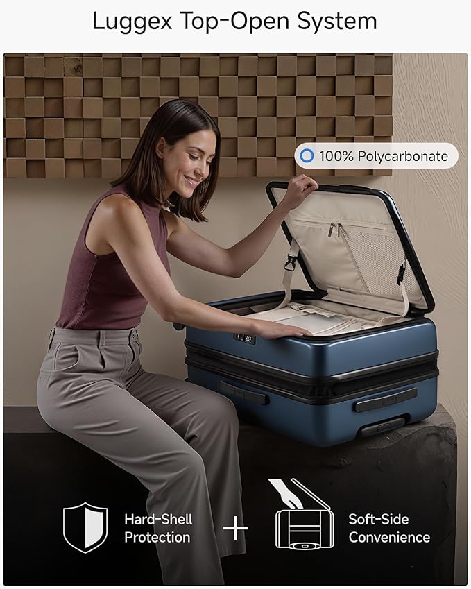 Checked Luggage with Spinner Wheels, FLO5 Expandable Polycarbonate Hard Shell Suitcase with TSA Approved Lock (FX-Core, Blue, 24 Inch)