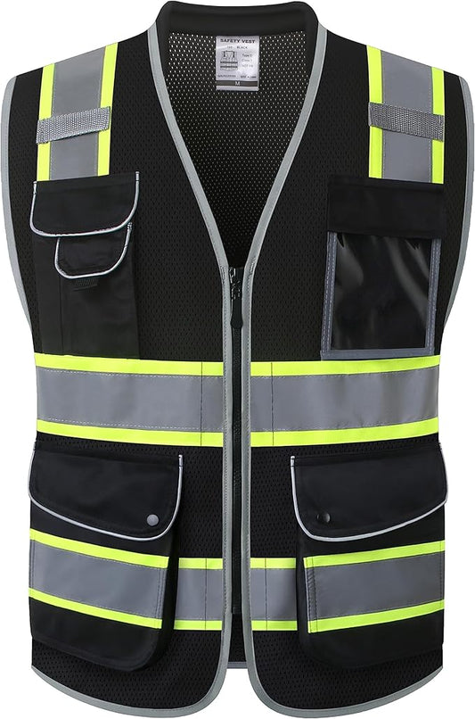 JKSafety 9 Pockets Hi-Vis Black Safety Vest for Men Women High Visibility Reflective Construction Mesh Fabric Cushioned Collar Work Utility PPE Work Gear ANSI/ISEA compliant (101-Black M)