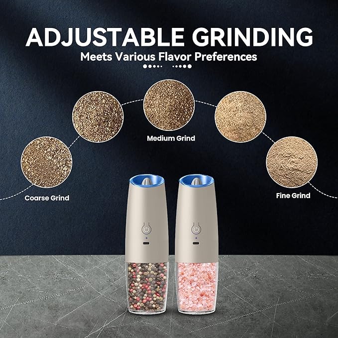 Rechargeable Electric Salt and Pepper Grinder set of 2, gravity electric salt and pepper grinder set, Adjustable Roughness, LED Light, 2 Pack, (Khaki)