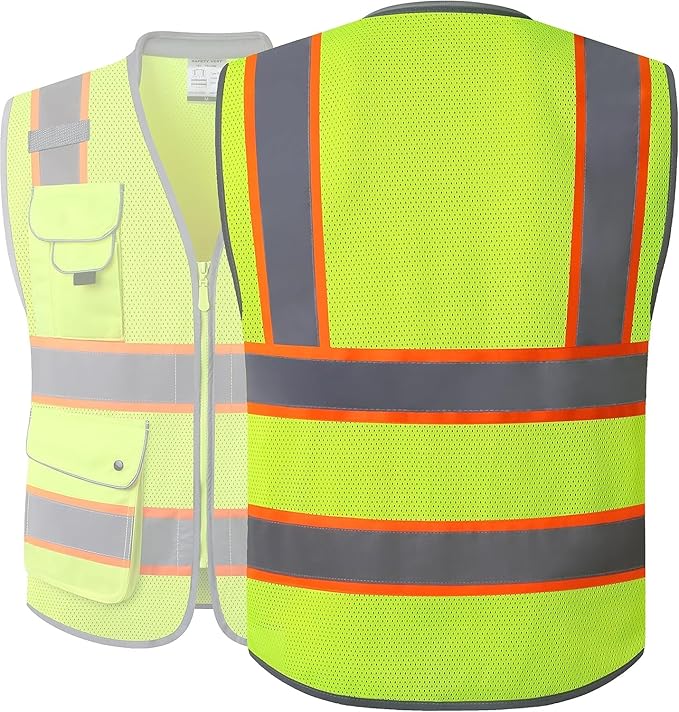 JKSafety 9 Pockets Hi-Vis Safety Vest Breathable Mesh Fabric Cushioned Collar Work Utility PPE Lightweight Industrial Work Gear ANSI/ISEA compliant (101-Yellow S)