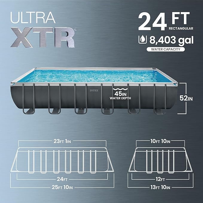INTEX ウルトラXTR 24フィートx12フィートx52インチ 地上設置型プールセット 長方形スチールフレームプール、2100GPHサンドフィルターポンプ、はしご、カバー、グランドクロス付き
